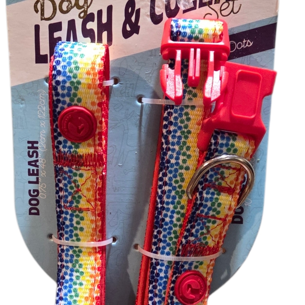 Doghaus - NEW Whimsy Polka Dot Rainbow Pride Dog Leash & Collar Set 10-16" Neck - Picture 2 of 5